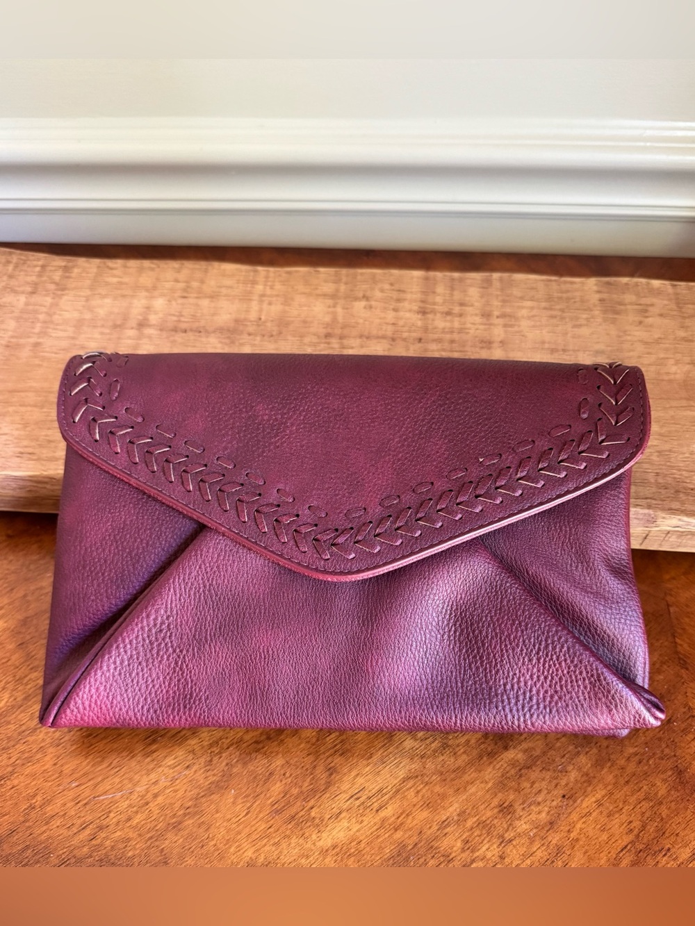 ANTHROPOLOGIE Burgundy Faux Leather ISABELLA Whipstitch Envelope Crossbody Bag